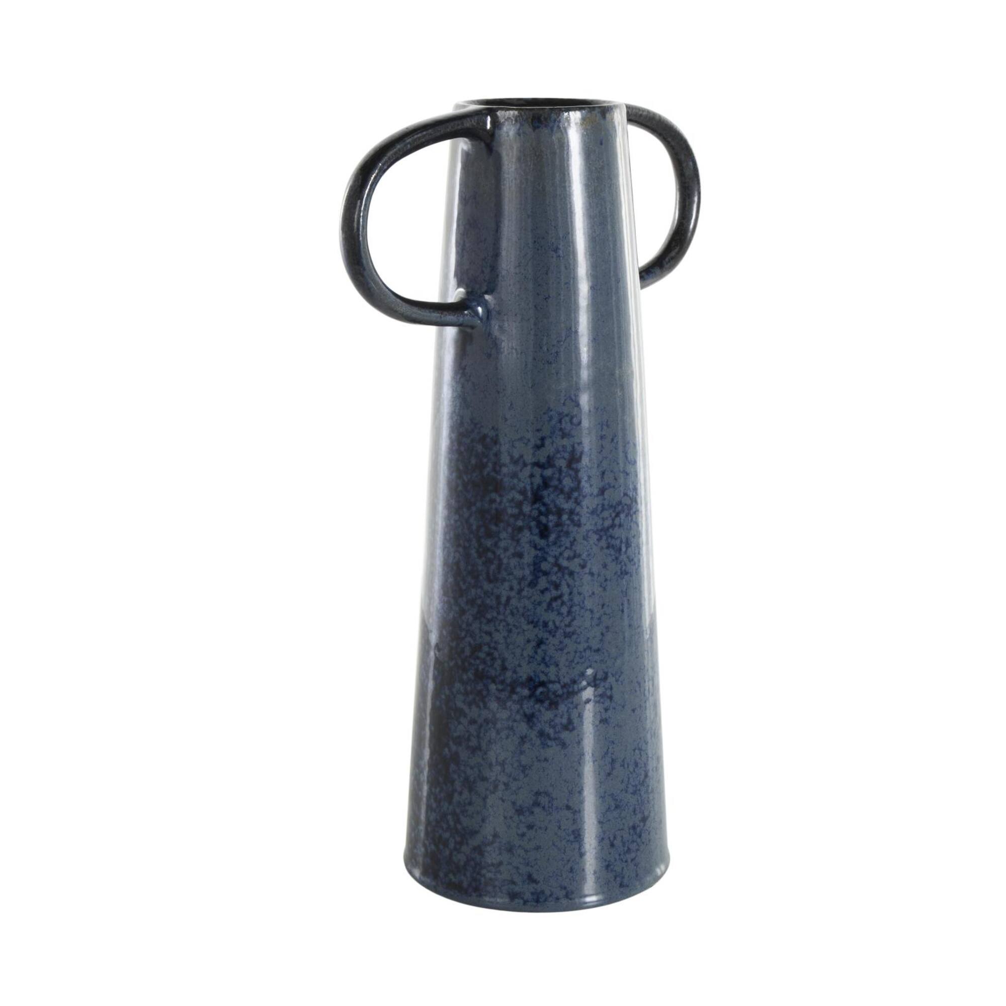 16" Dark Blue Ceramic Textured Cone Vase with Curved Handles